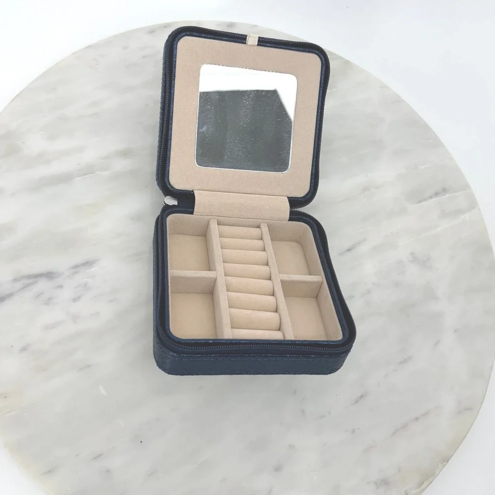 Metallic Navy Blue Travel Jewelry Case Organizer Mirror Square Zip Small